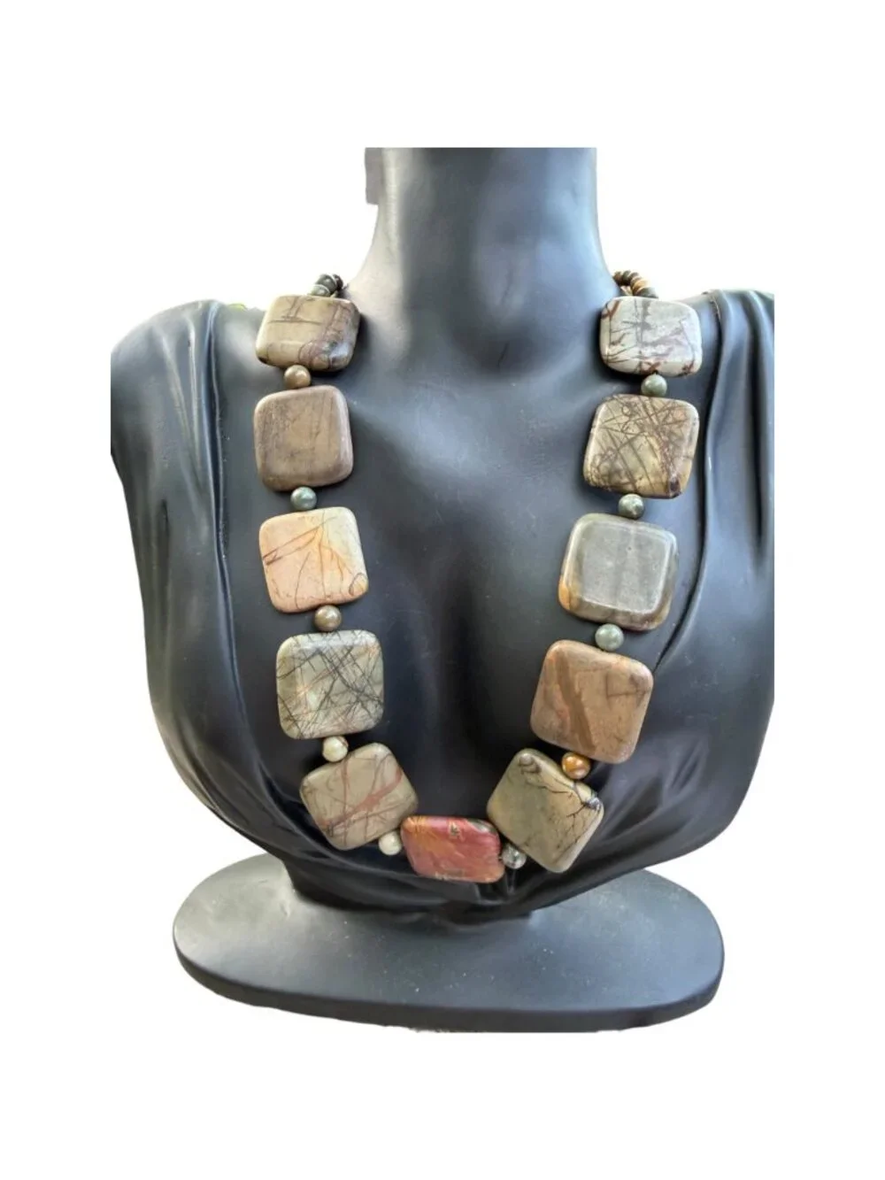 Vintage Jasper Stone Necklace Earthy Square Beads With Toggle Clasp Handmade - Picture 5 of 7